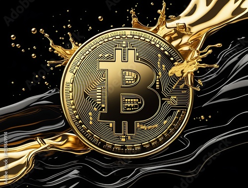 Golden Bitcoin Cryptocurrency Splashed with Liquid Gold and Black Oil Representing Wealth, Blockchain Innovation, Digital Currency Revolution, and the Future of Secure Financial Transactions Globally photo