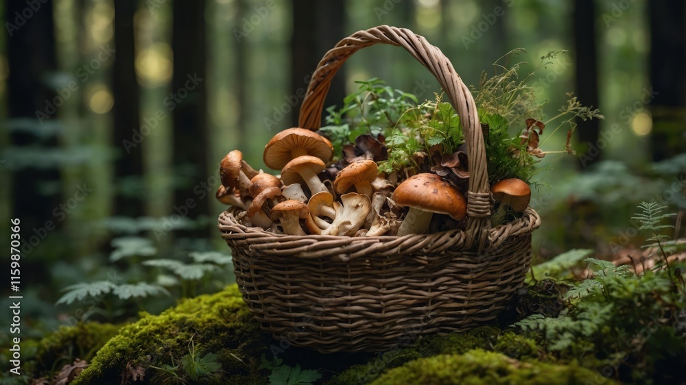 A woven basket filled with various mushrooms and greenery, set in a lush forest environment. A woven basket filled with various mushrooms and greenery, set in a lush forest environment.