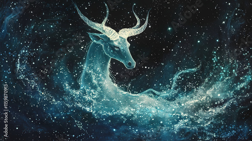 Capricorn constellation glowing like seafoam amidst a dark galaxy, capricorn constellation seafoam, cosmic fluidity. Seafoam. Illustration photo