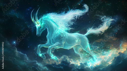 Capricorn constellation glowing like seafoam amidst a dark galaxy, capricorn constellation seafoam, cosmic fluidity. Seafoam. Illustration