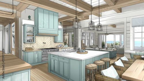 Craft a coastal chic kitchen with light wood accents, seafoam green hues, and beach-inspired decor. Seafoam. Illustration photo