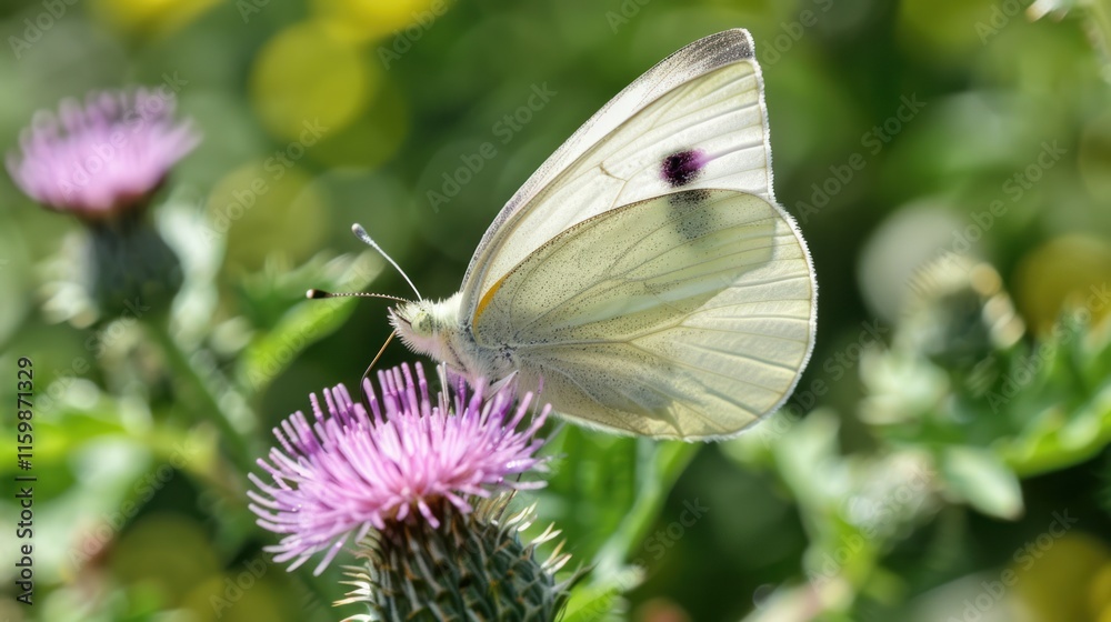 White butterfly on a thistle flower, soft focus, close up. White butterfly on a thistle flower, soft focus, close up.