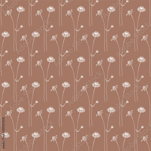 Seamless pattern with detailed realistic illustration of Field scabious (Knautia arvensis) plant on coffee-brown background. Ornament design with wild flower, stem and leaves in hand drawn style.