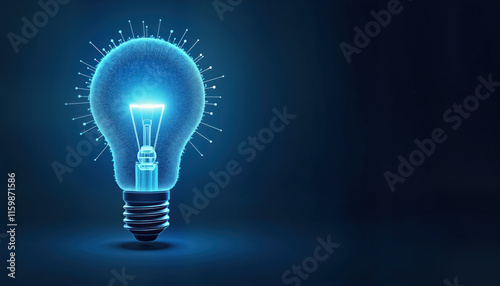 Futuristic glowing light bulb with abstract tech design. Blue background. Modern concept of innovation, digital idea. Wireframe structure shows energy, connection. AI generated image. Ideal for tech