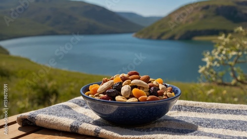 A bowl of mixed nuts and dried fruits sits on a table with a scenic lake view in the background. photo