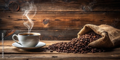 Cozy cup of coffee surrounded by heart-shaped smoke, coffee beans, and rustic burlap sack on an old wooden background, wood