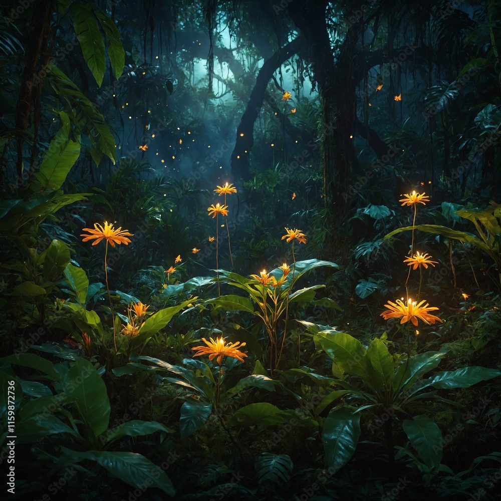 Obraz premium A magical jungle scene with glowing flowers and sparkling fireflies.