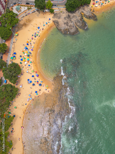 Imagem aérea do Centro de Guarapari, mostrando as praias da Castanheira, praia das Virtudes, praia do Namorados, praia da Areia Preta, Praia da Fonte, Ipiranga, canal e ponte photo