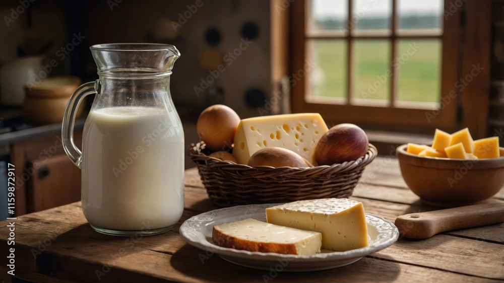 A rustic scene featuring milk, various cheeses, and eggs on a wooden table. A rustic scene featuring milk, various cheeses, and eggs on a wooden table.