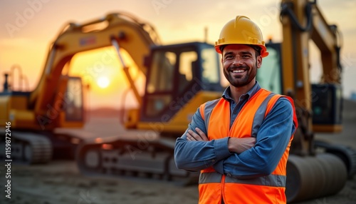 Happy excavator driver stands in front of large machine at sunrise. Pro construction worker looks at camera with arms crossed. Construction site background. Sunrise highlights industrial site.