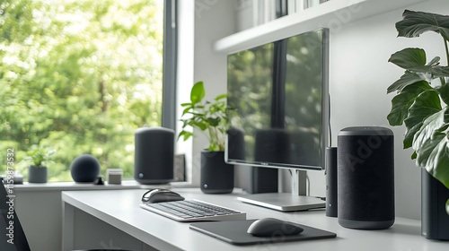 Modern Minimalist Home Office Setup with Greenery photo