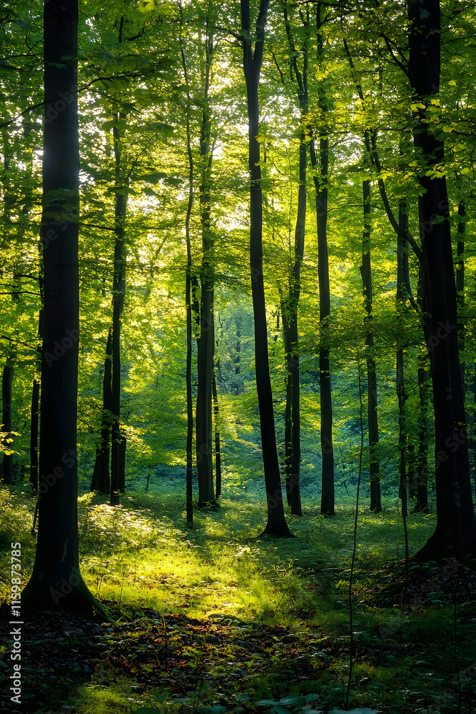 Fototapeta premium Serene Sunlit Forest with Tall Majestic Trees and Lush Greenery Creating a Peaceful Atmosphere : Generative AI