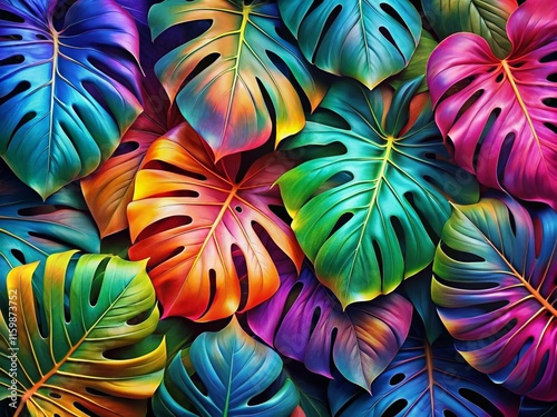 Monstera Leaf Abstract Panoramic Background Art, Colorful, AI