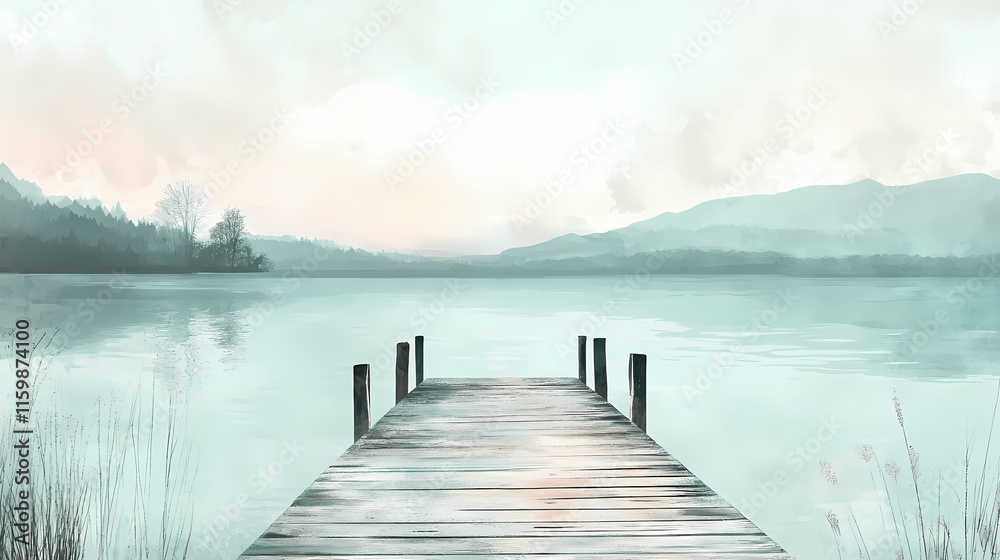 Naklejka premium A tranquil lakeside retreat with a rustic wooden dock, set against a backdrop of pale coral and seafoam green hues. Seafoam. Illustration