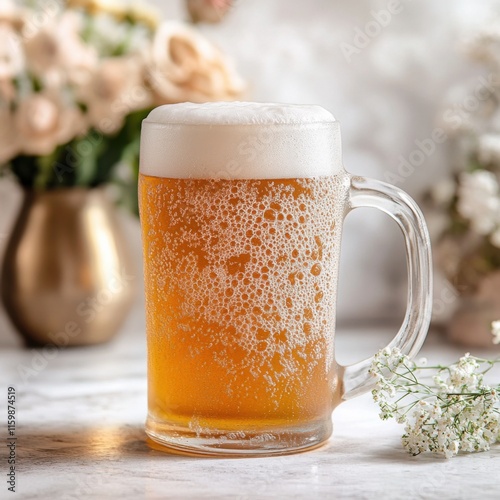 Frosty beer mug with foam. Featuring a golden lager