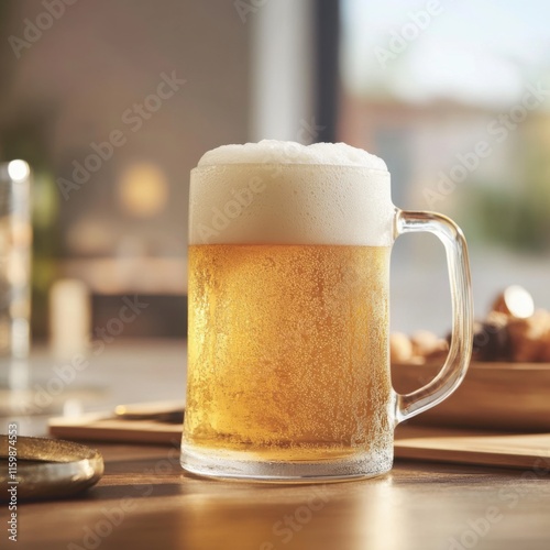 Frosty beer mug with foam. Featuring a golden lager