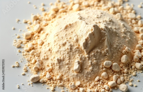 Whey protein powder forms a mound. A light beige color. It looks like a pile of small rocks. The texture appears fine and dry. It lies on a pale gray surface. It is a healthy nutritional supplement. photo