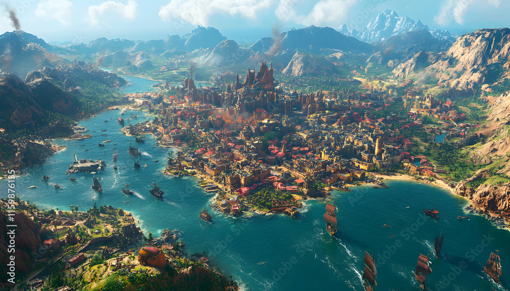 Obraz premium Majestic coastal city nestled in a breathtaking mountain landscape; numerous ships sail into the harbor. A vibrant scene, perfect for fantasy or historical settings.