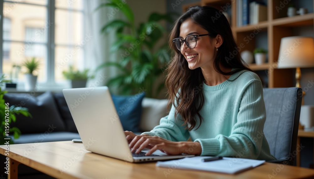 Happy Latina woman working at home. Uses laptop for browsing internet, checking social media. Cozy living room setting. Relaxed, focused. Modern home office setup. Female freelancer working on Happy Latina woman working at home. Uses laptop for browsing internet, checking social media. Cozy living room setting. Relaxed, focused. Modern home office setup. Female freelancer working on