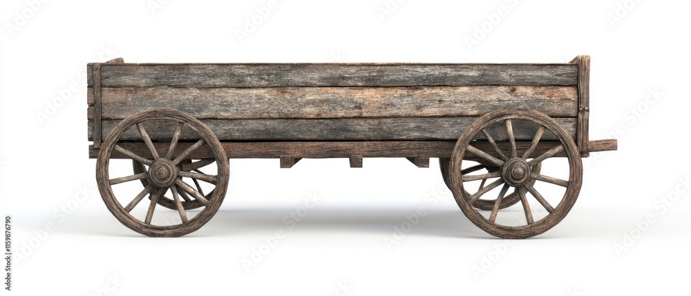 Fototapeta premium Rustic wooden wagon with spoked wheels on white background.