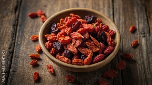 A wooden bowl filled with dried goji berries and raisins on a rustic wooden surface. photo