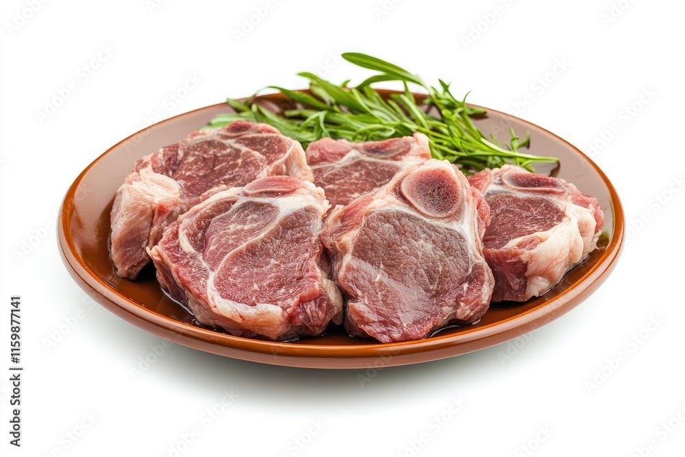 Raw pork neck sliced on plate isolated on white background, shabu, hot pot ingredients Raw pork neck sliced on plate isolated on white background, shabu, hot pot ingredients
