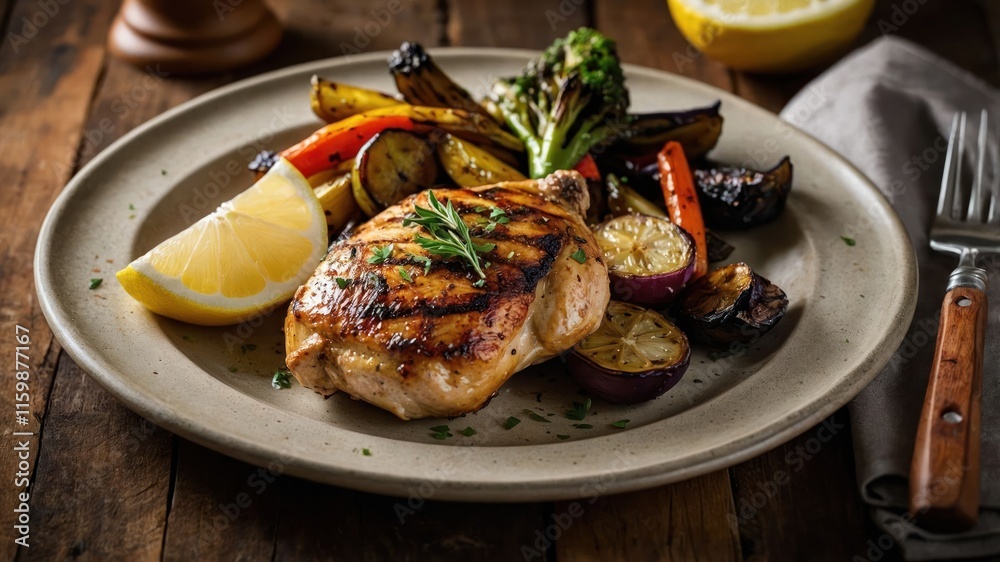A plated grilled chicken breast with vegetables and lemon on a rustic wooden table. A plated grilled chicken breast with vegetables and lemon on a rustic wooden table.