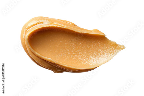 A smear of peanut butter is shown on a white background