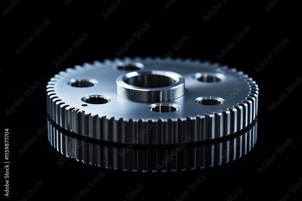 Precision-machined metal gear with central bore and peripheral teeth on reflective surface. Precision-machined metal gear with central bore and peripheral teeth on reflective surface.
