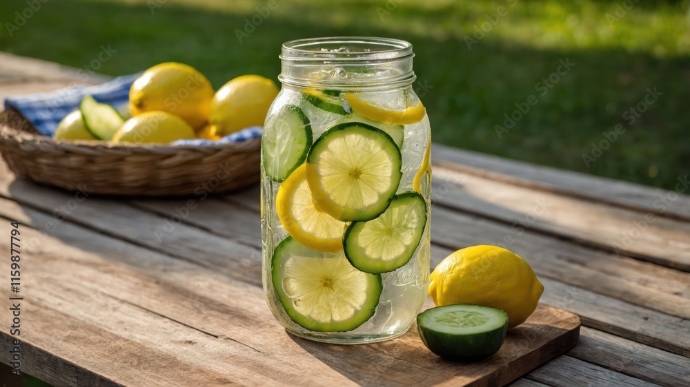 A refreshing jar of lemon and cucumber-infused water on a wooden table outdoors. A refreshing jar of lemon and cucumber-infused water on a wooden table outdoors.