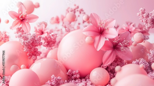 Pink abstract floral arrangement with spheres