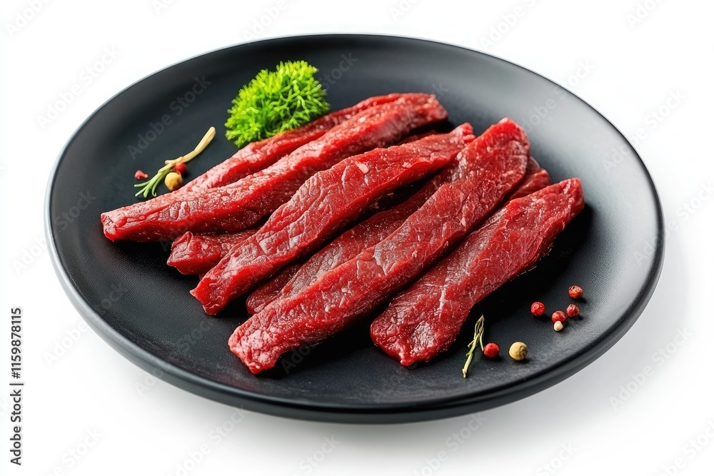 roast meat beef fillet strips on black plate isolated over white background roast meat beef fillet strips on black plate isolated over white background