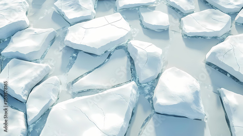 The lake is covered with large sheets of ice between the icy white rocks. 3d rendering. Glaciered. Illustration photo