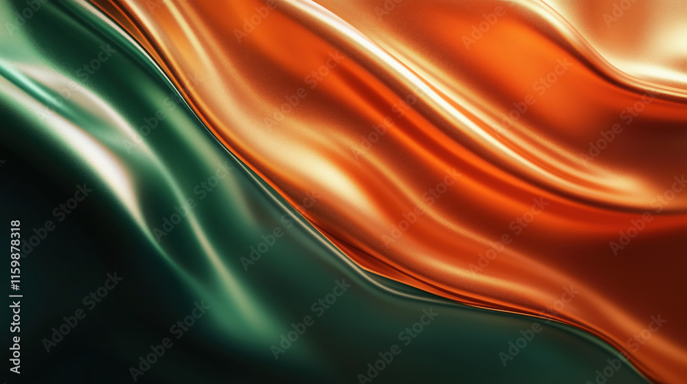 Obraz premium Abstract 3D Flowing Liquid-Like Wave Textures in Orange, Green, and Copper Gradient background wallpaper