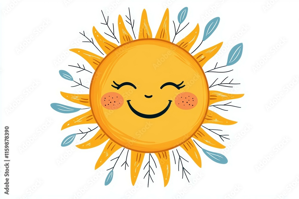 Cartoon sun with a smiling face and leaves surrounding it Cartoon sun with a smiling face and leaves surrounding it