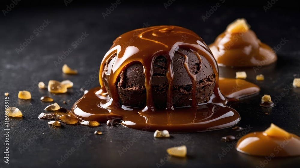 A decadent chocolate dessert drizzled with caramel sauce, showcasing indulgence and sweetness.