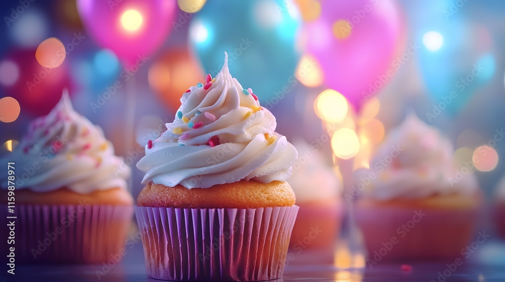 Cupcakes in a row with balloon background. 
