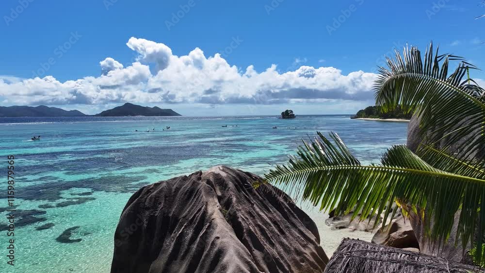 Seychelles Skyline At La Digue Island Victoria Seychelles. Stunning Tropical Coastline Beach Scene Viewed From Above. Holiday Landscape Season Beautiful. Summertime Season Coast.