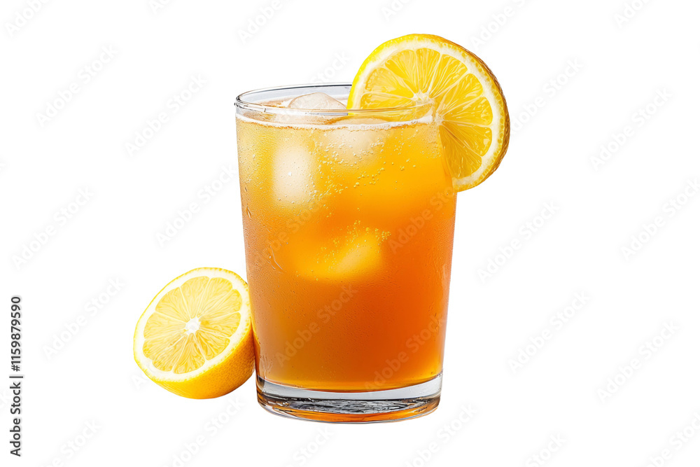 A glass of lemonade with ice cubes and a slice of lemon on top A glass of lemonade with ice cubes and a slice of lemon on top