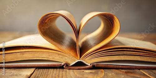 A curved page from a book resembling a heart shape with brown leather binding and yellowed pages , book, book cover photo