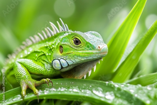 A baby iguana crawling on a vibrant green leaf, its tiny scales glistening with dew