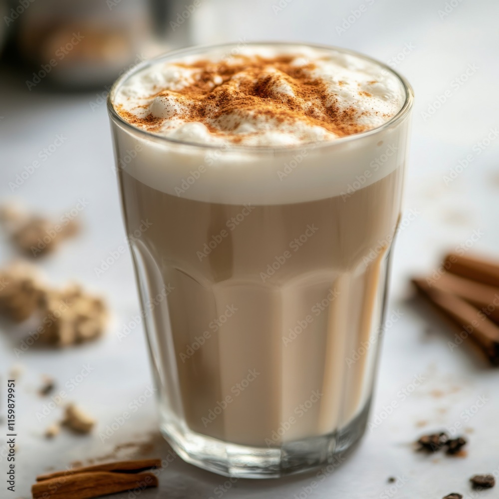 Iced chai latte in a clear glass. Featuring cinnamon and milk foam Iced chai latte in a clear glass. Featuring cinnamon and milk foam