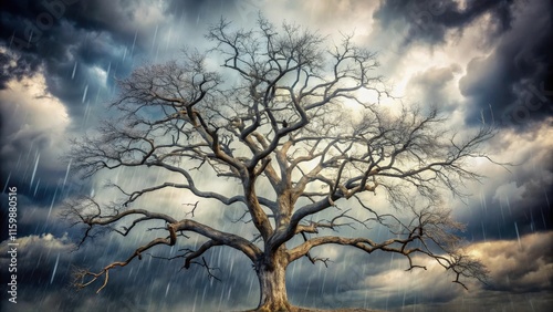 Aged tree branches withering in winter storm, grey sky, bleakness ,  grey sky, bleakness , desolation, melancholy