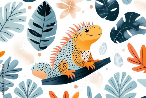 Wallpaper Mural A cheerful 2D illustration of a colorful iguana on a branch, surrounded by simple tropical leaves on a white background Torontodigital.ca