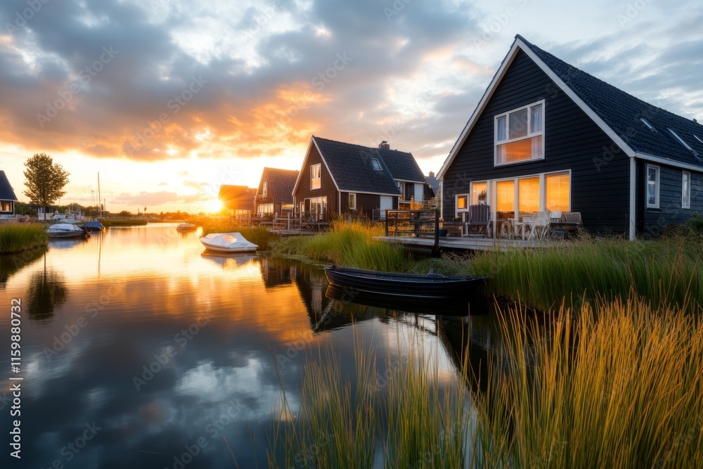 A classic Dutch village with wooden houses and canals, located near the IJsselmeer, with boats gently floating by A classic Dutch village with wooden houses and canals, located near the IJsselmeer, with boats gently floating by