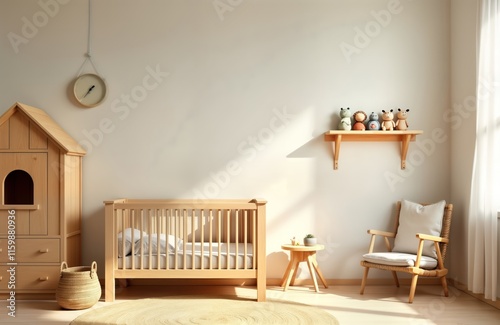 Cozy children room with natural wooden furniture. Farmhouse style interior. Simple design with crib, wooden toy house, chair. Sunlight streams in. Perfect for nursery childcare center. Natural wood,