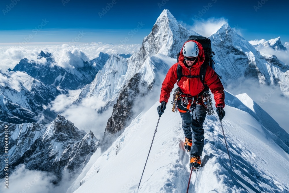 A climber reaching the summit of a peak, holding a flag, emphasizing the importance of ambition and determination A climber reaching the summit of a peak, holding a flag, emphasizing the importance of ambition and determination