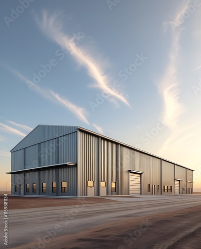 Modern industrial warehouse with a spacious design, featuring durable metal construction, large garage doors, and a clean exterior layout under a bright sky, perfect for storage, manufacturing, or log