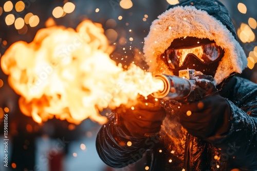 A close-up of a flamethrower igniting, with intense, directional flames erupting in a controlled burst
