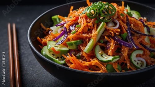 A vibrant bowl of vegetable salad featuring carrots, cucumbers, and green onions.